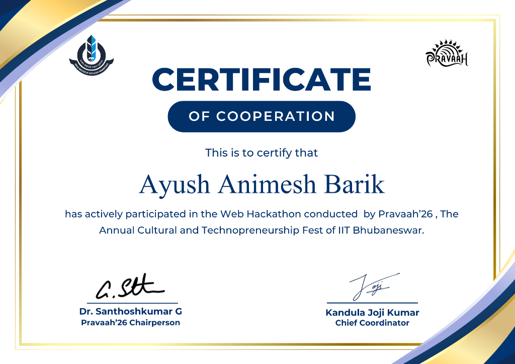 Pravaah '26 IIT Bhubaneswar Web Hackathon Certificate